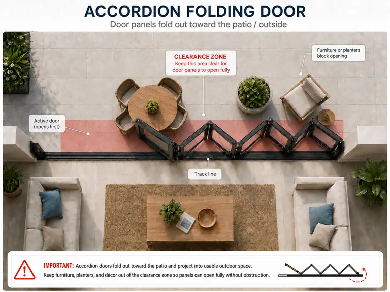 Overhead diagram showing the clearance zone required by an accordion folding door