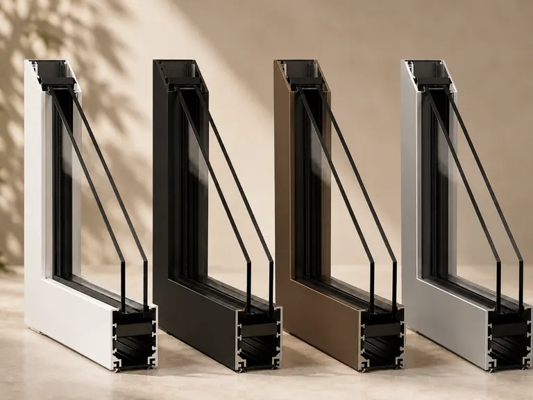 FlowDoors aluminum profile samples in white, black, bronze, and silver finishes with glass details