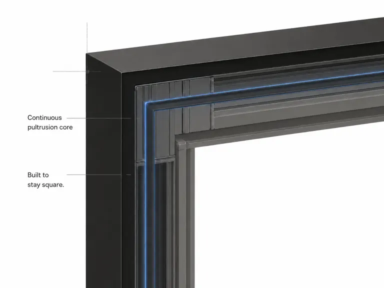 FlowDoors corner detail showing the continuous pultrusion core designed to support panel squareness