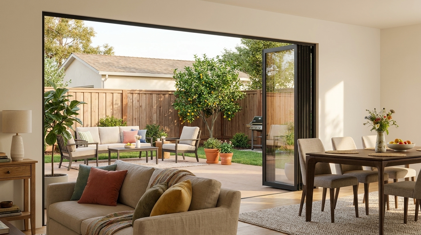 Black door panels stacked to the right of a wide opening connecting a warm living and dining room to a garden patio