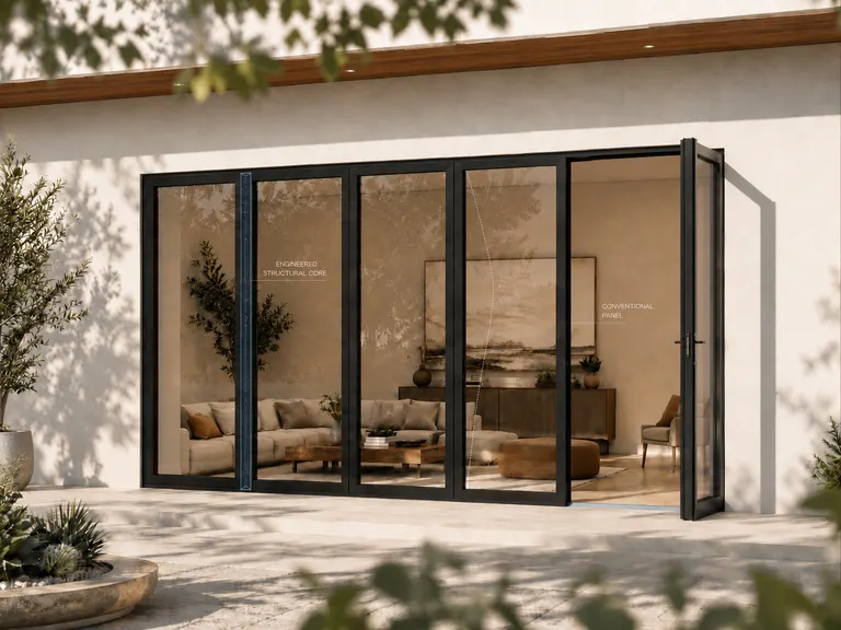 FlowDoors patio door in direct sun with the engineered pultrusion structural core highlighted