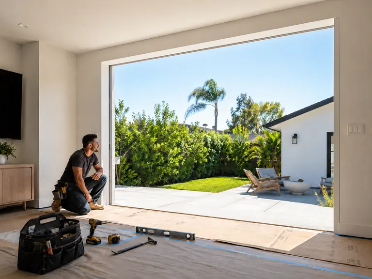 Installer checking a prepared patio door opening while preserving the existing wall and header