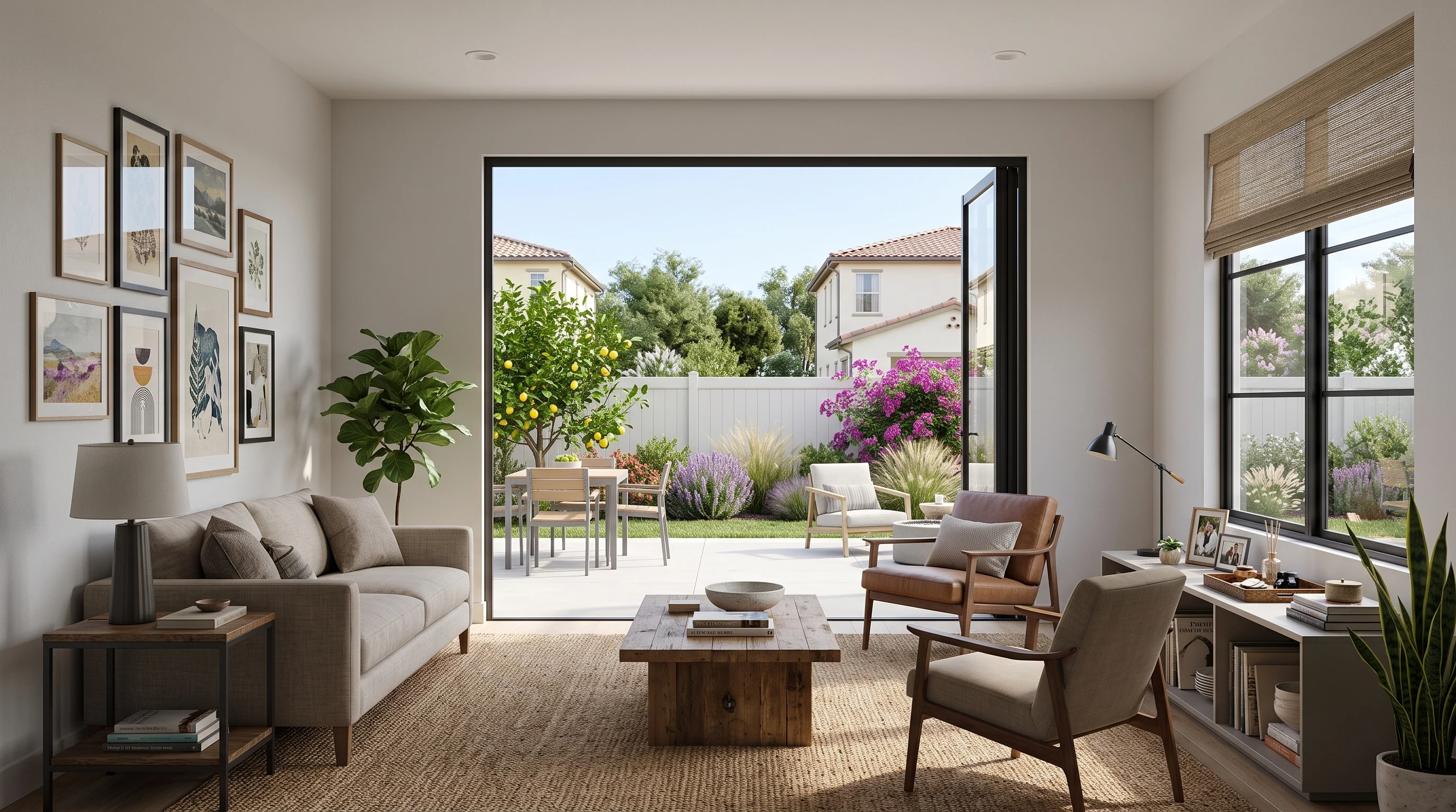 The same illustrated room with FlowDoors panels moved aside to open onto the patio.