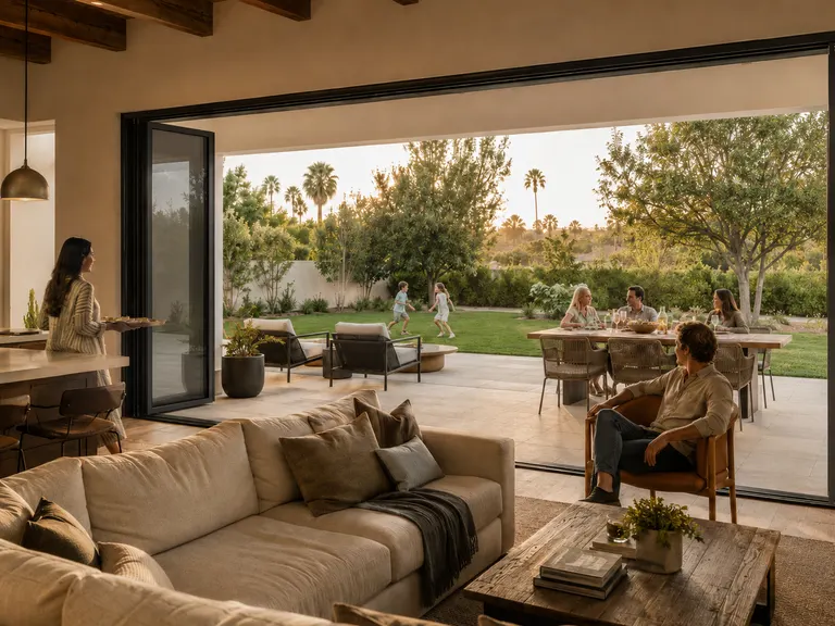 Family and friends moving between a kitchen, living room, patio, and backyard through a wide FlowDoors opening