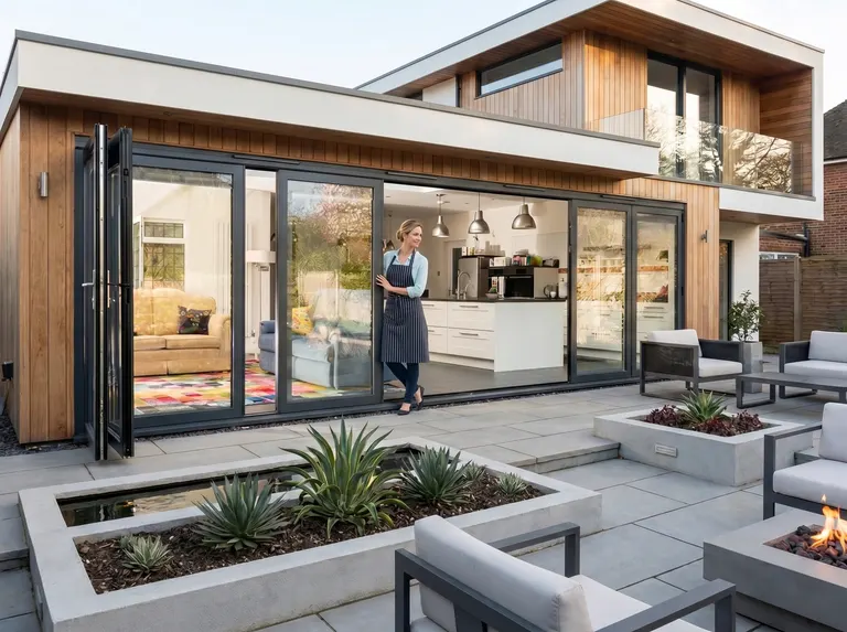 Homeowner using a wide glass patio door opening with panels collected at the side