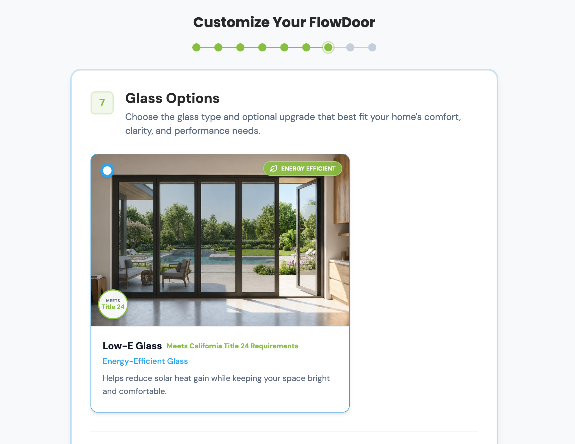 FlowDoors online quote tool glass options step