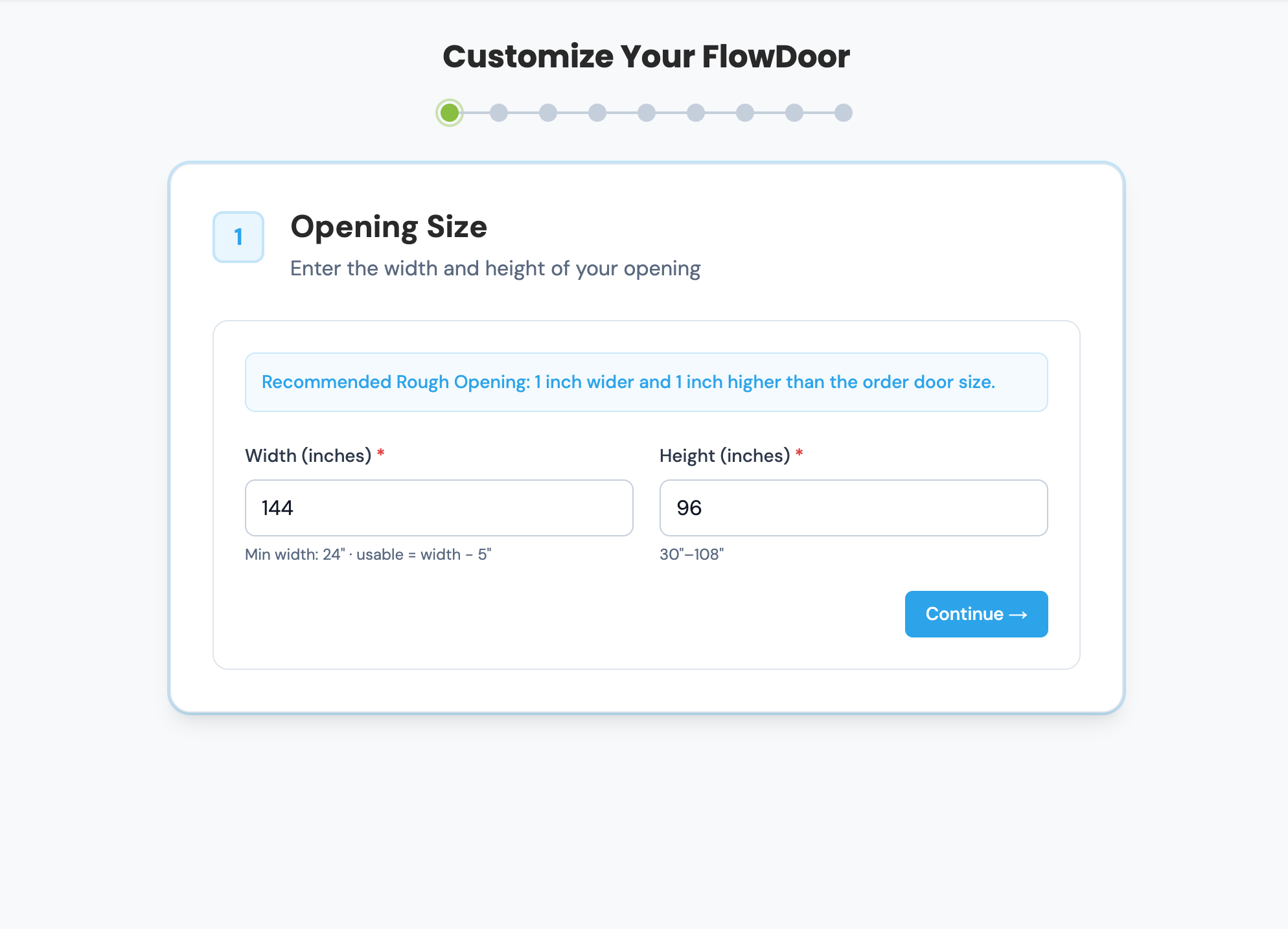 FlowDoors online quote tool opening size step