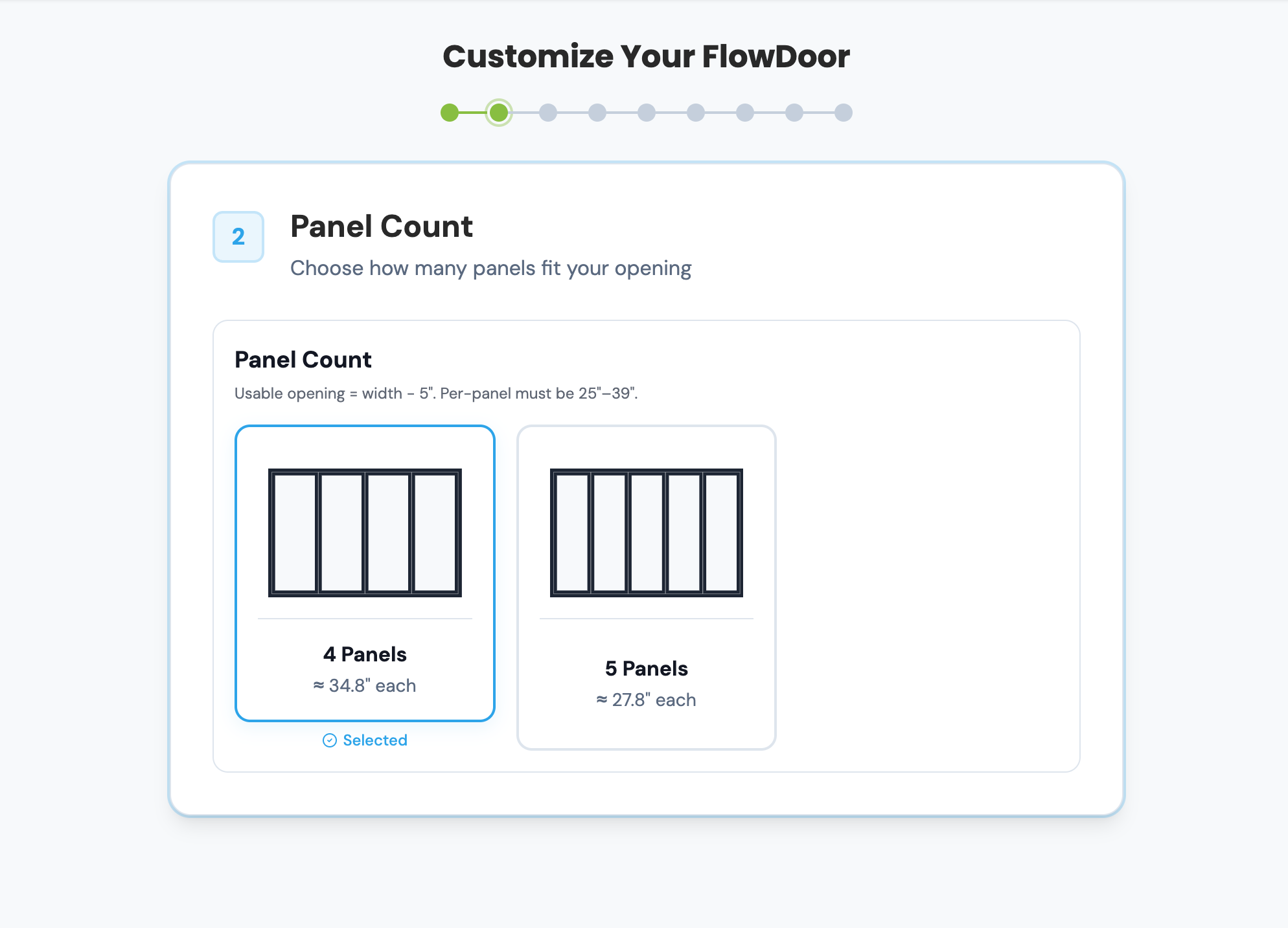 FlowDoors online quote tool panel count step
