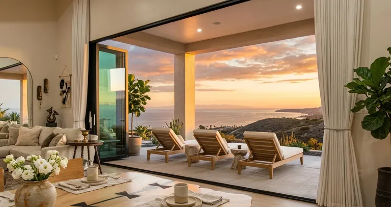 Wide folding patio door opening to the California coast