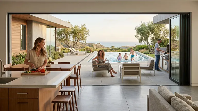 Family enjoying open door pool view