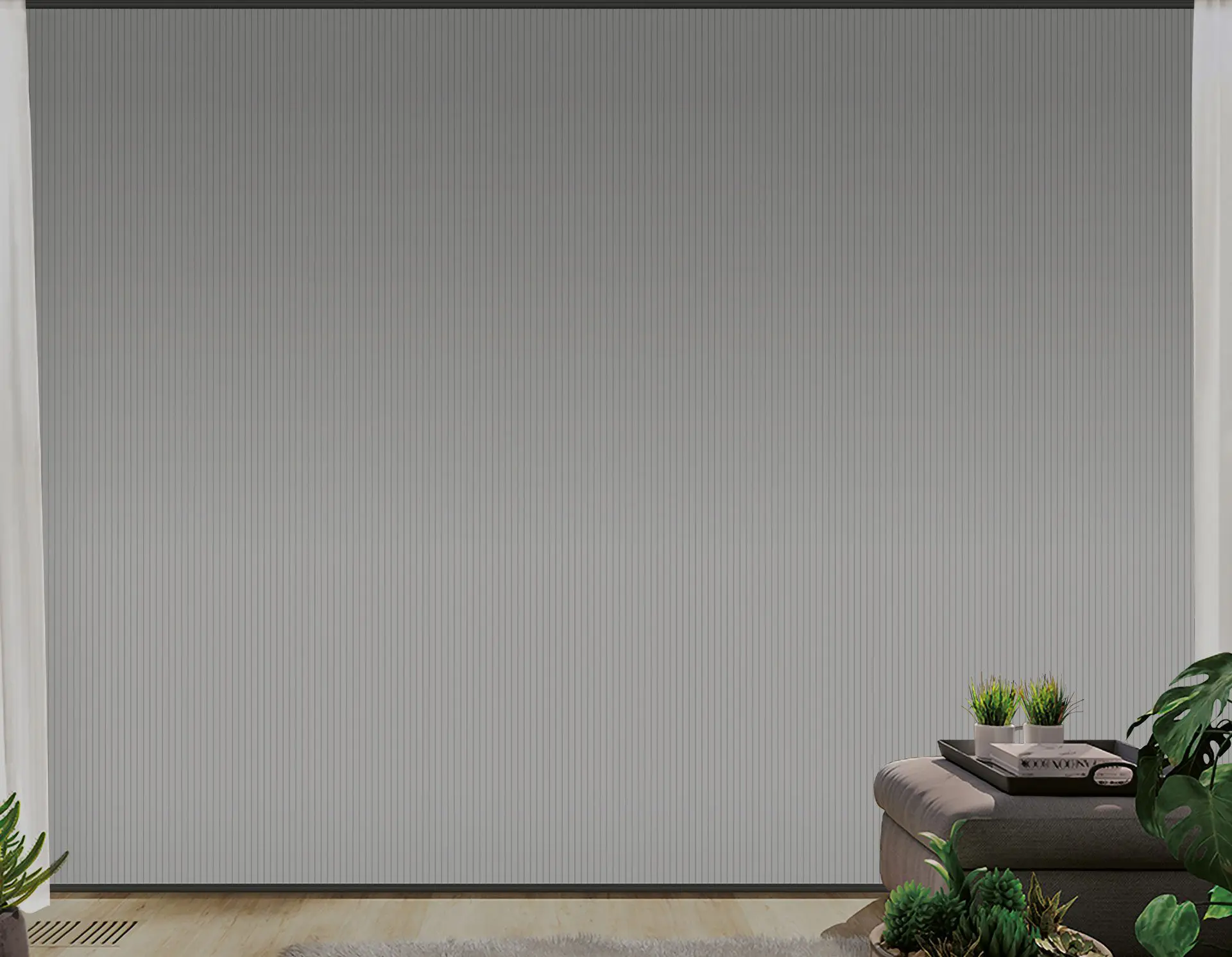 Fully closed pleated blackout shade covering a wide opening
