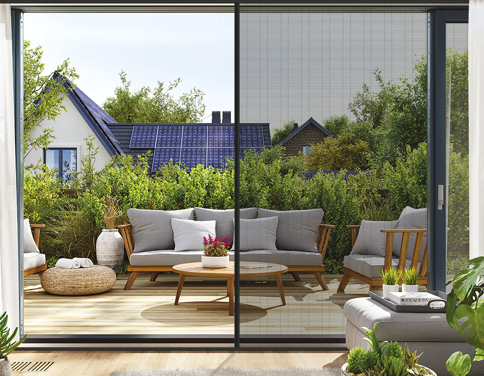 Retractable bug screen drawn halfway across a wide patio opening