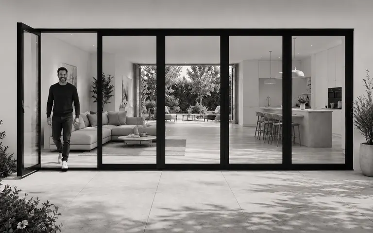 Person going through the main FlowDoors panel for everyday entry