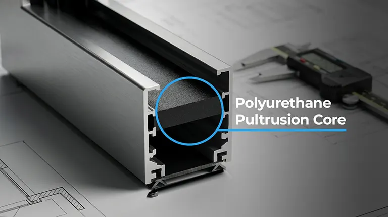 Macro callout of the 1/2" × 2.5" polyurethane pultrusion core inside a FlowDoors aluminum frame, showing the structural thermal break that replaces the industry-standard polyamide strip