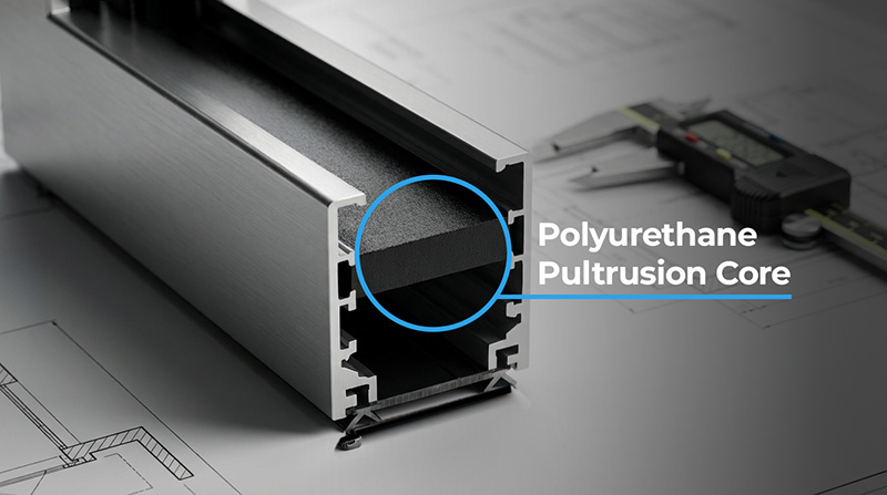 FlowDoors cutaway with a blue callout identifying the polyurethane pultrusion core within the aluminum profile