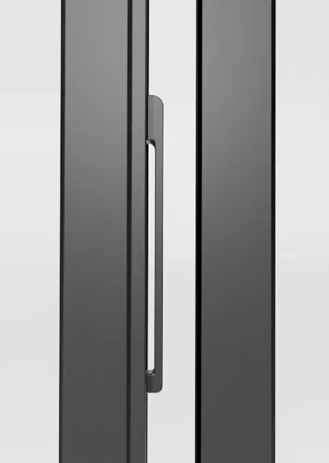 Wheel lift handle recessed flush into a FlowDoors panel
